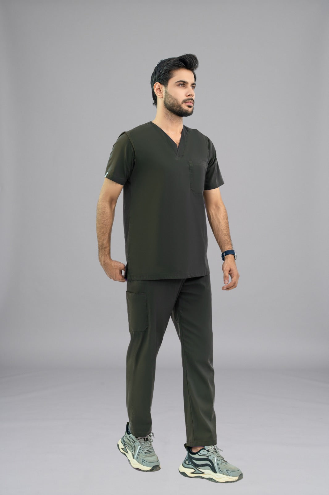 Charcoal Premium Notch Pro Scrub Suit – Unisex Straight Fit Polyester Stretch Scrubs