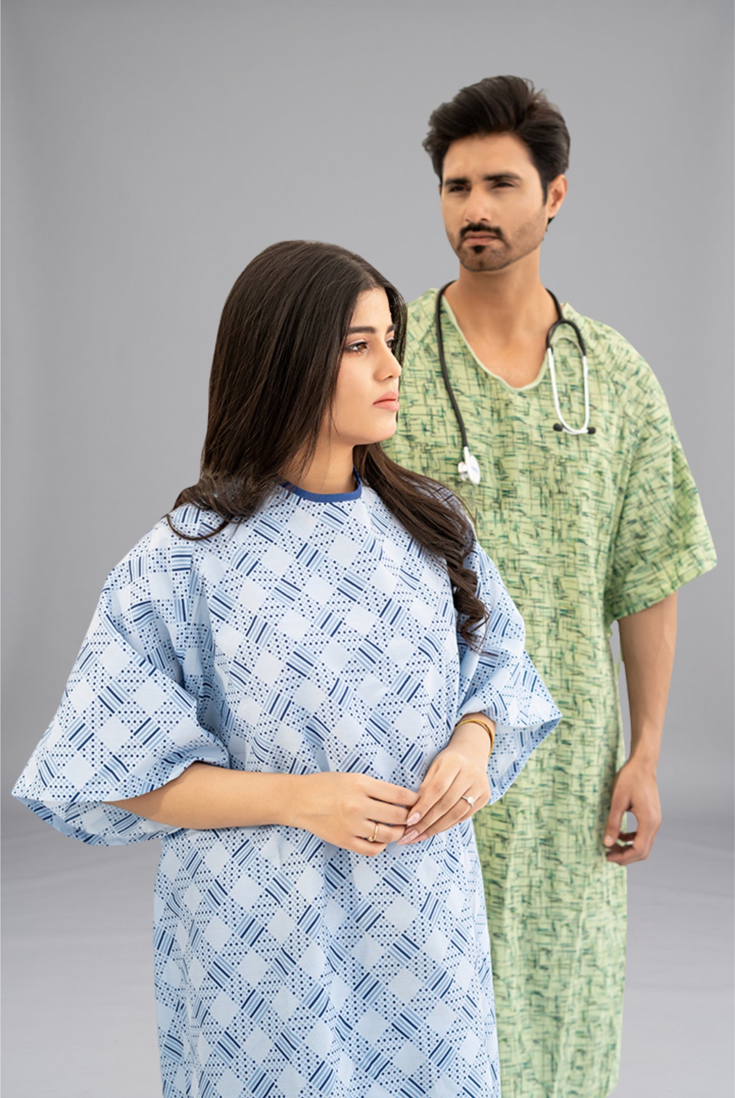 Comfort Care Printed Patient Gown by GTEX Apparels Pakistan featuring soft, breathable fabric, comfortable fitting, and durable construction for patient comfort in hospitals, clinics, and healthcare facilities. 4