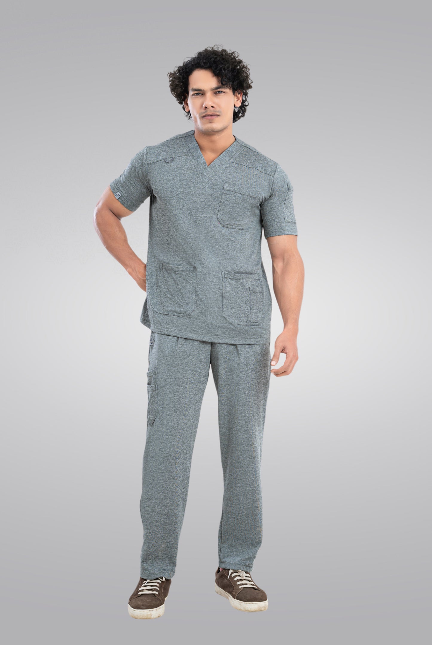 Grey Textured Knitted Unisex Scrub Suit