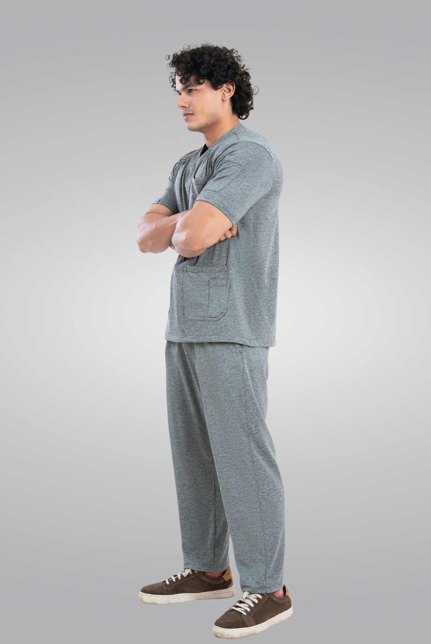 Grey Textured Knitted Unisex Scrub Suit