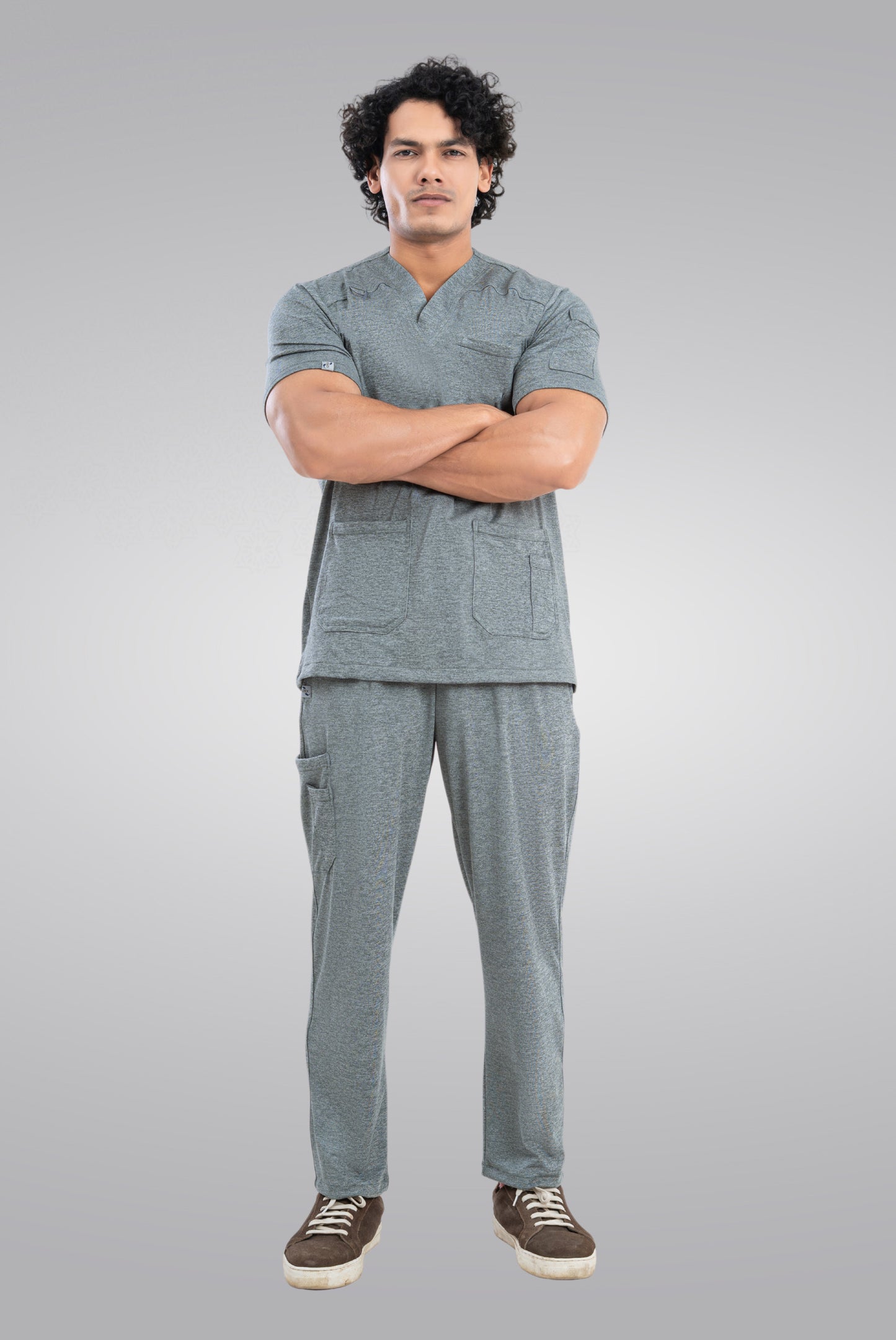 Grey Textured Knitted Unisex Scrub Suit
