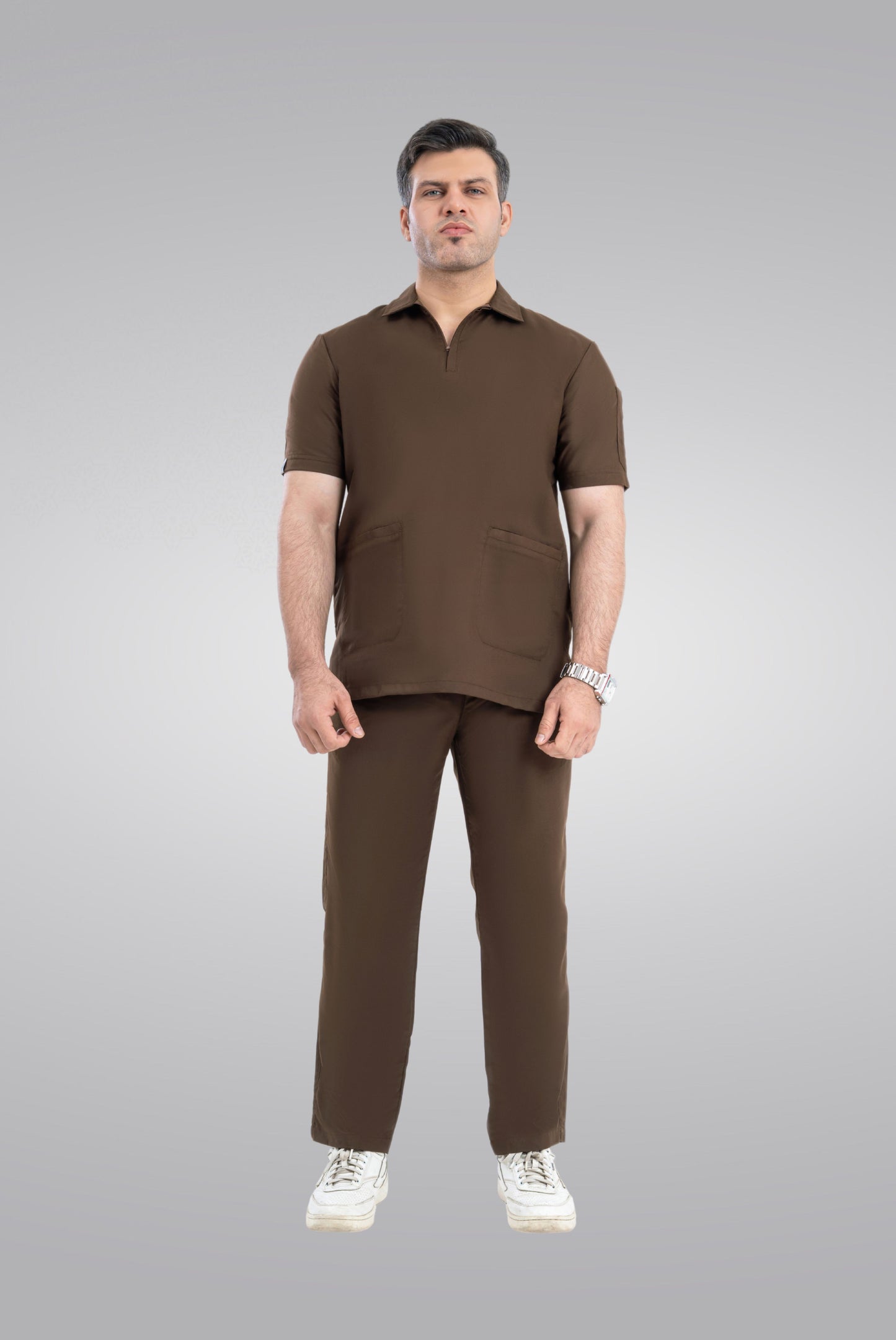Chocolate Brown Zip Neck Unisex Scrub Suit
