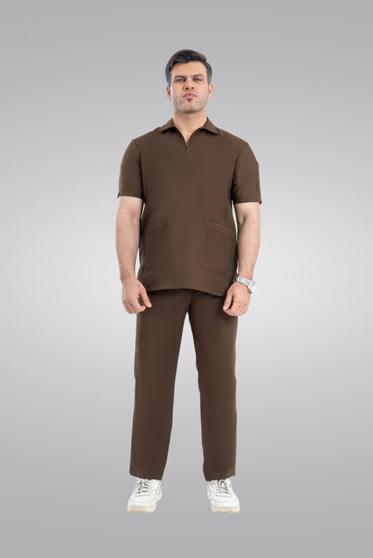 Chocolate Brown Zip Neck Unisex Scrub Suit