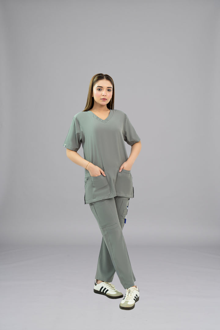 Light Grey Classic Curve Scrub Suit for Women - Slim Fit
