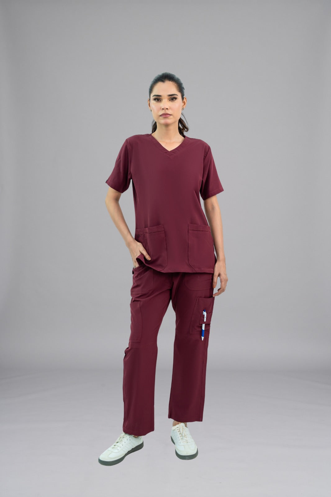 Burgundy Classic Curve Scrub Suit for Women – Slim Fit Micro Stretch Scrubs