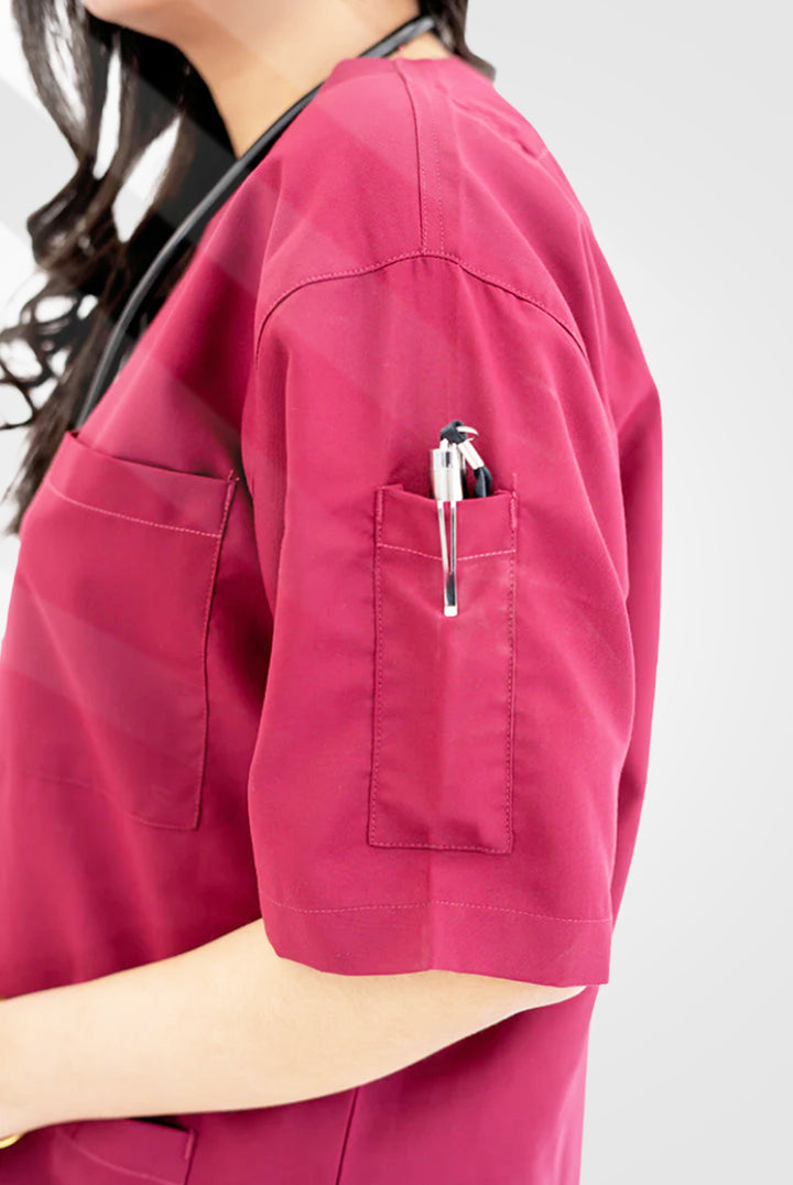 Bright Maroon Classic Scrub Suit For Women at GTEX Apparels