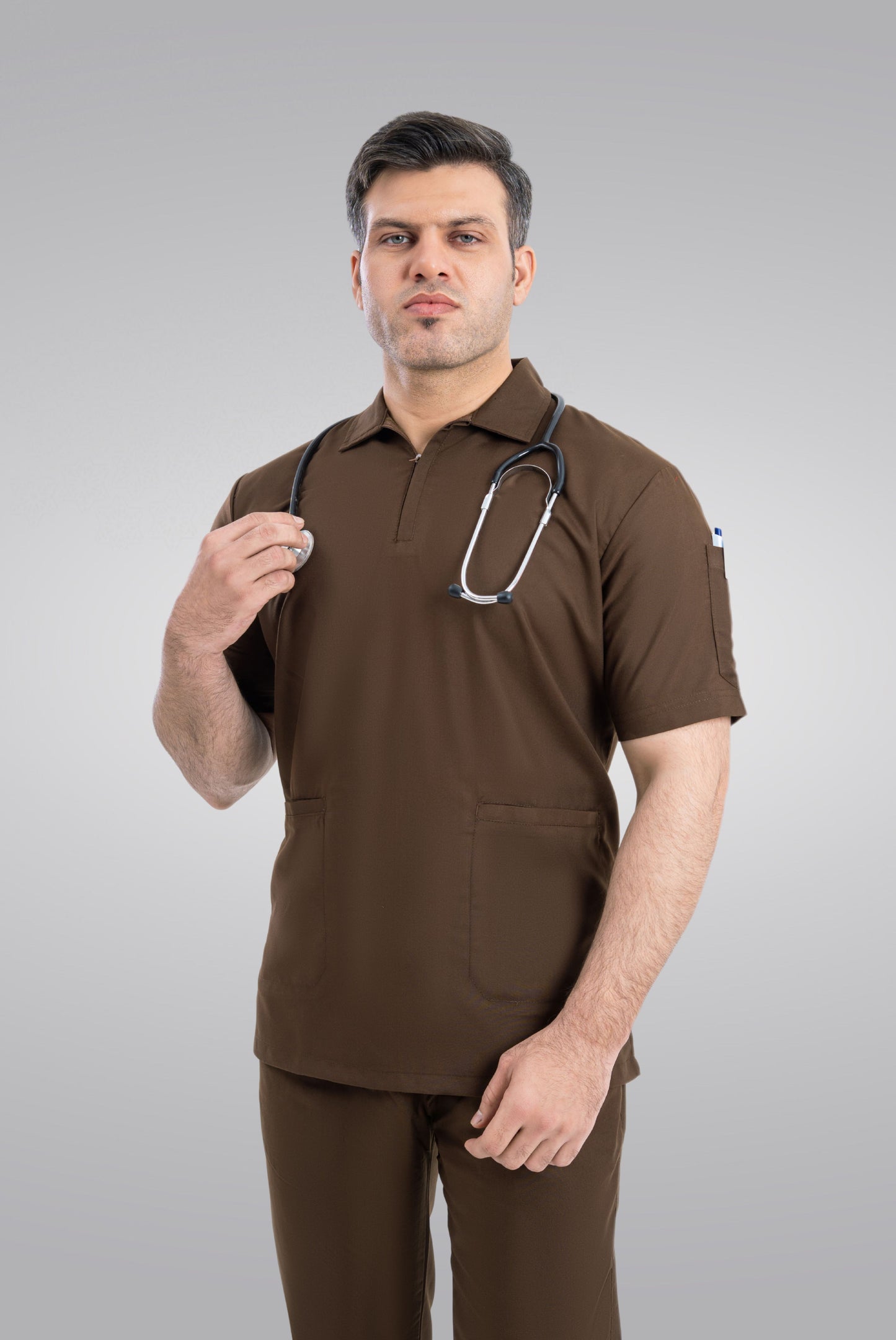 Chocolate Brown Zip Neck Unisex Scrub Suit