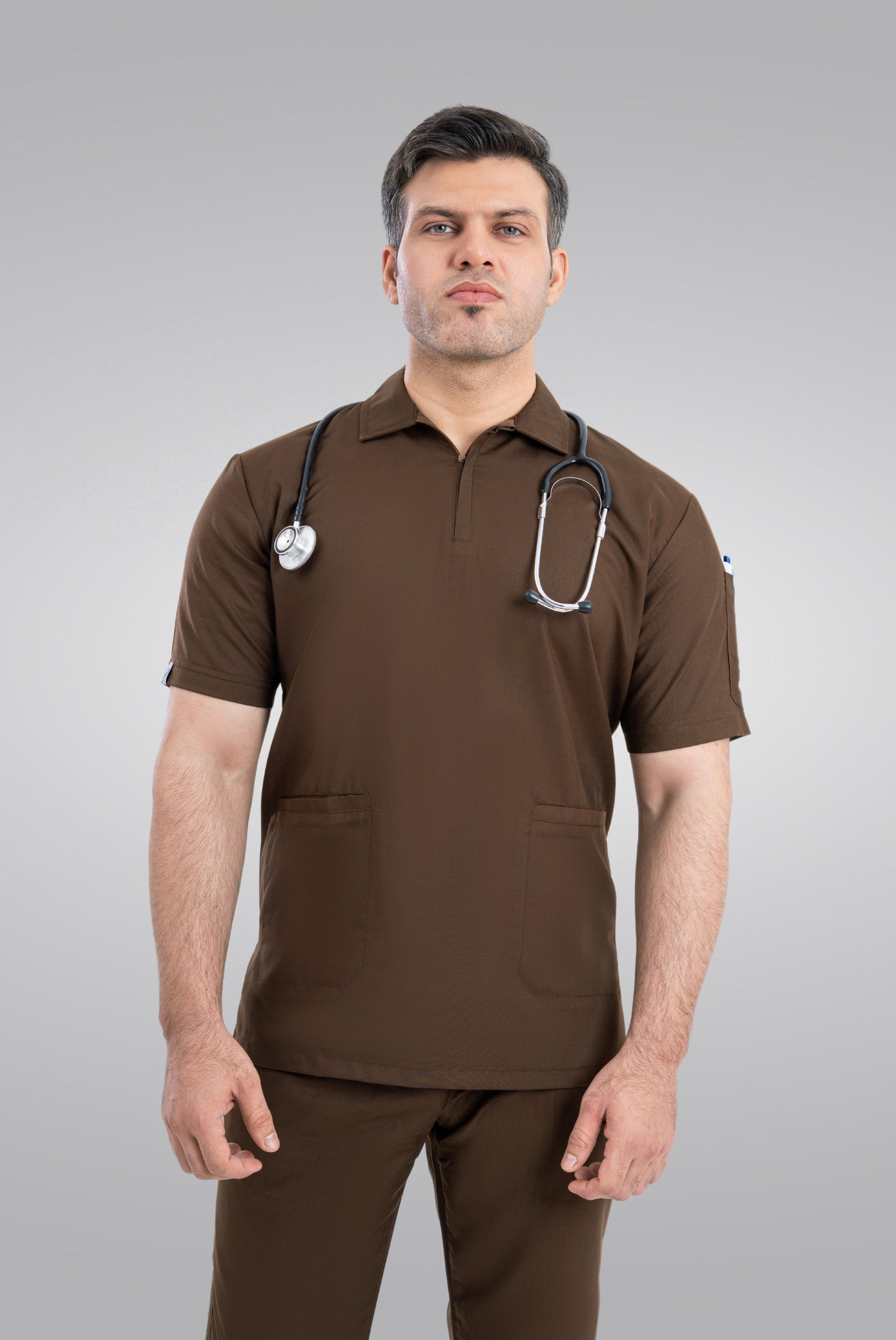 Chocolate Brown Zip Neck Unisex Scrub Suit