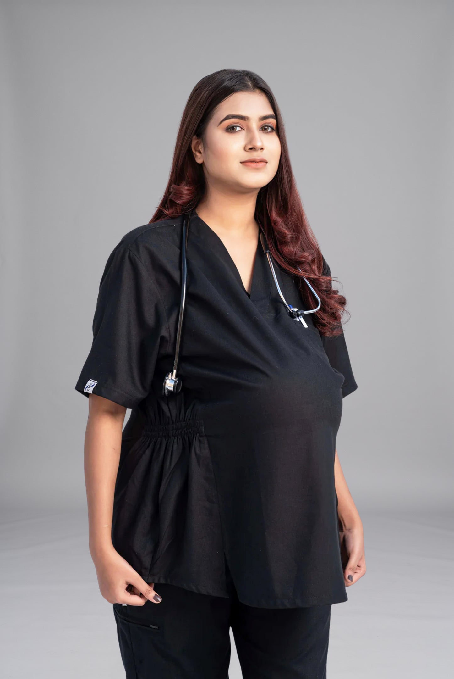 Buy black maternity scrub in Pakistan by Gtex Apparels comfortable medical workwear for expecting healthcare professionals 3