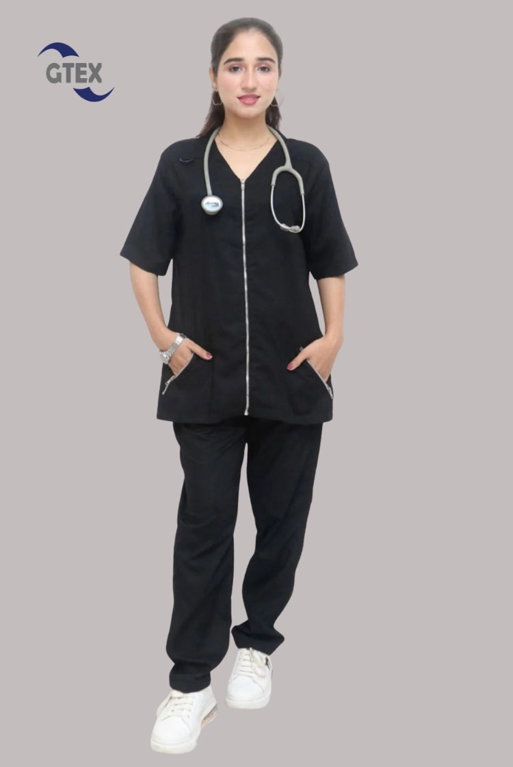 Black Zipper Scrub Suit for Unisex By GTEX Apparels Pakistan 