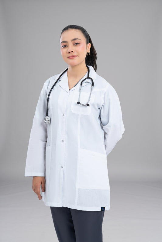 Buy Elite Short Length Women’s Lab Coat in Pakistan by GTEX Apparels Premium Medical Wear for Doctors, Nurses, and Healthcare Professionals 1