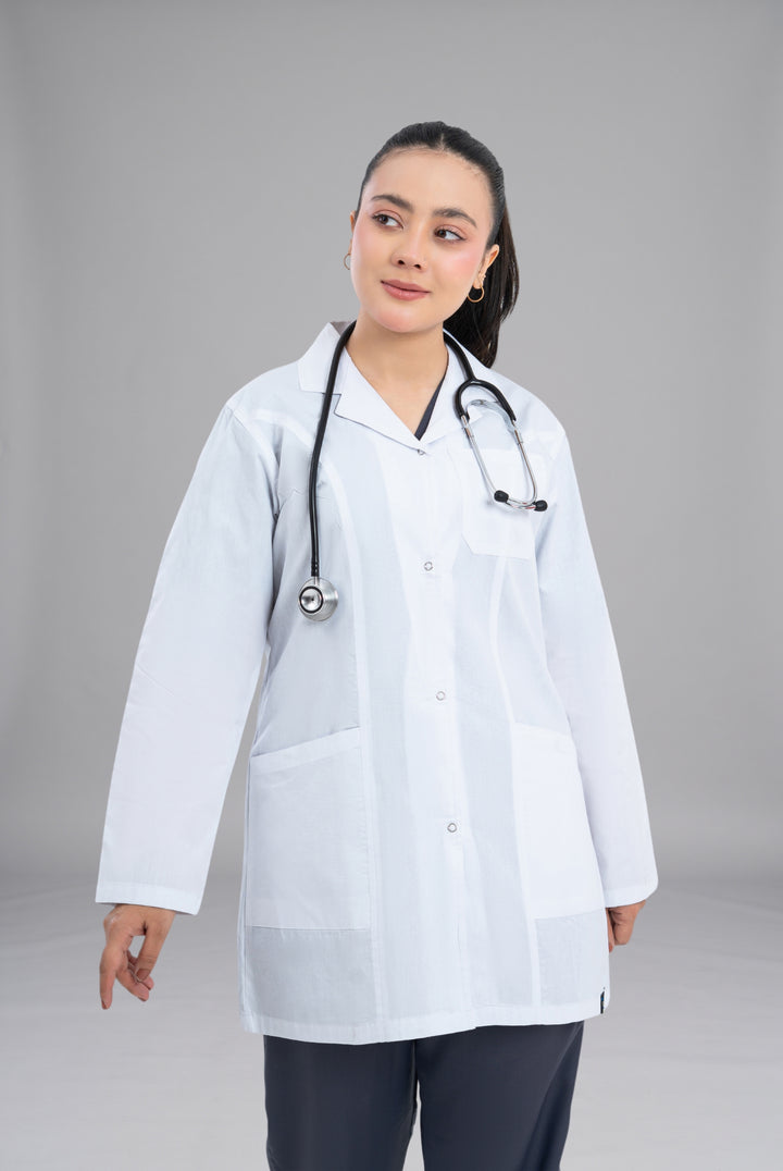 Buy Elite Short Length Women’s Lab Coat in Pakistan by GTEX Apparels Premium Medical Wear for Doctors Nurses and Healthcare Professionals 2