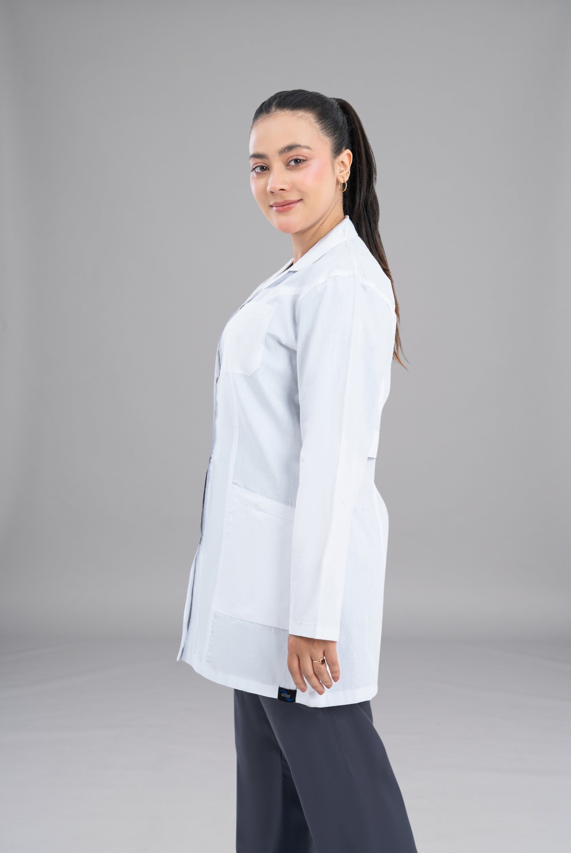 Buy Elite Short Length Women’s Lab Coat in Pakistan by GTEX Apparels Premium Medical Wear for Doctors Nurses and Healthcare Professionals 4
