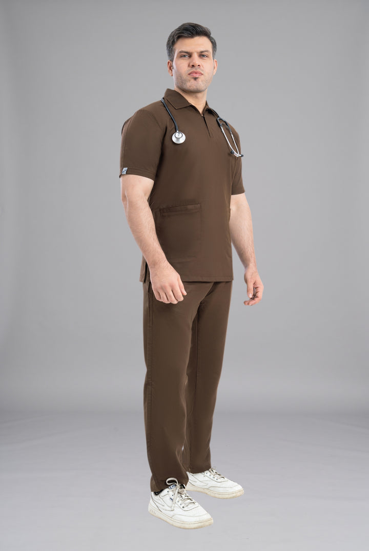 Chocolate Brown Zip Neck Unisex Scrub Premium Medical Uniform for Doctors Nurses and Healthcare Professionals by GTEX Apparels Pakistan 2