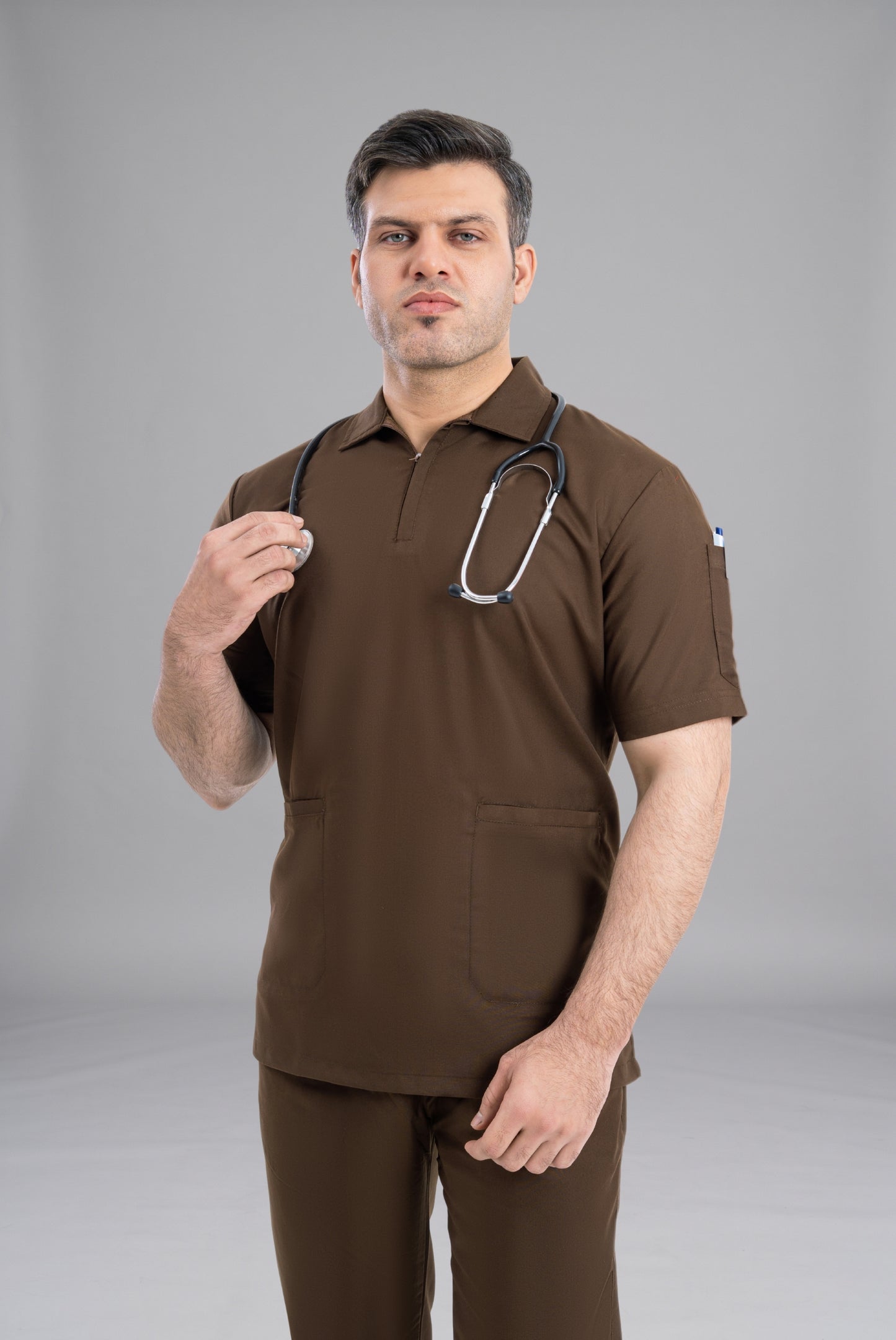 Chocolate Brown Zip Neck Unisex Scrub Premium Medical Uniform for Doctors Nurses and Healthcare Professionals by GTEX Apparels Pakistan 3