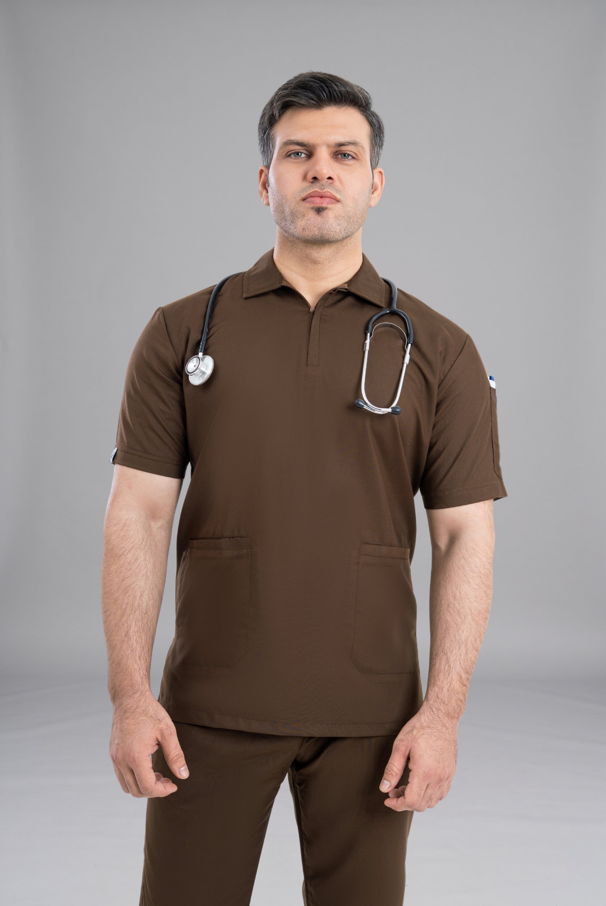 Chocolate Brown Zip Neck Unisex Scrub Premium Medical Uniform for Doctors Nurses and Healthcare Professionals by GTEX Apparels Pakistan 5