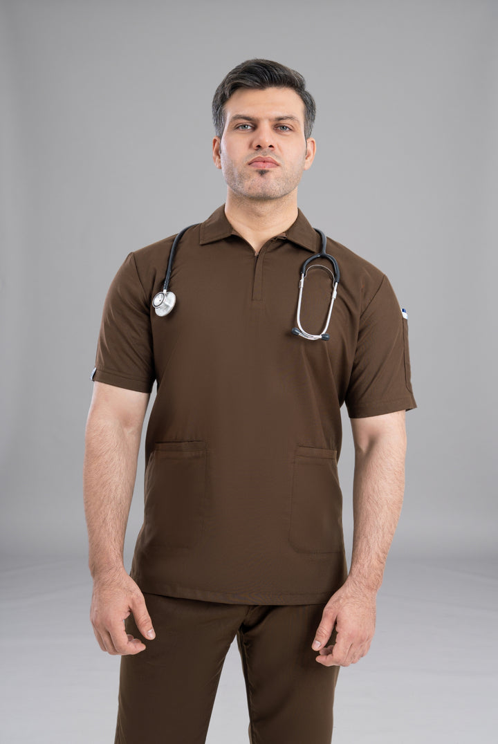 Chocolate Brown Zip Neck Unisex Scrub Premium Medical Uniform for Doctors Nurses and Healthcare Professionals by GTEX Apparels Pakistan 5