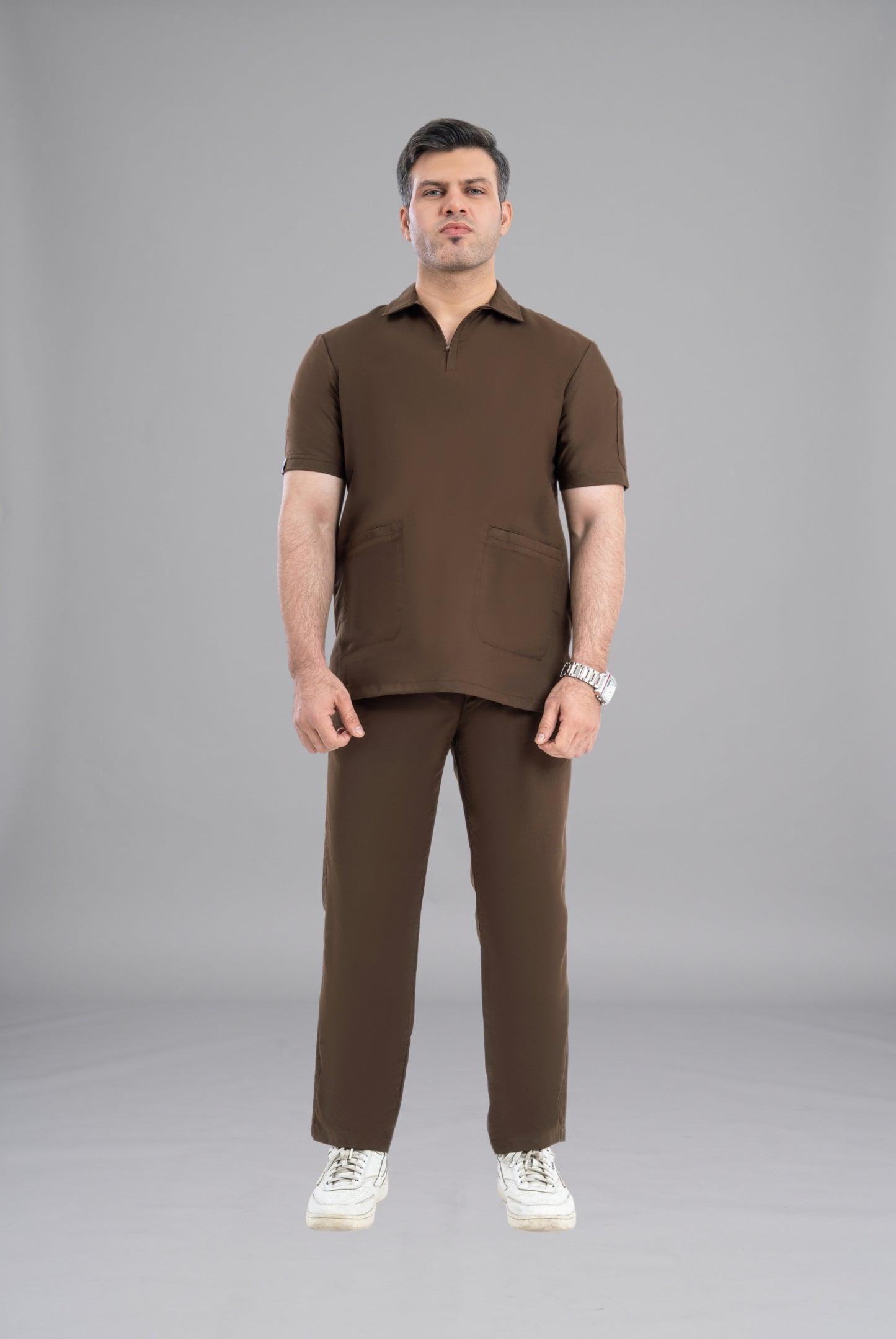 Chocolate Brown Zip Neck Unisex Scrub Premium Medical Uniform for Doctors Nurses and Healthcare Professionals by GTEX Apparels Pakistan 