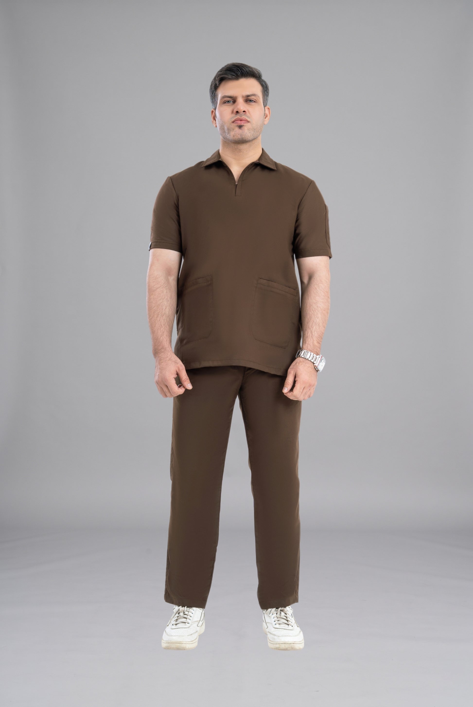 Chocolate Brown Zip Neck Unisex Scrub Premium Medical Uniform for Doctors Nurses and Healthcare Professionals by GTEX Apparels Pakistan 