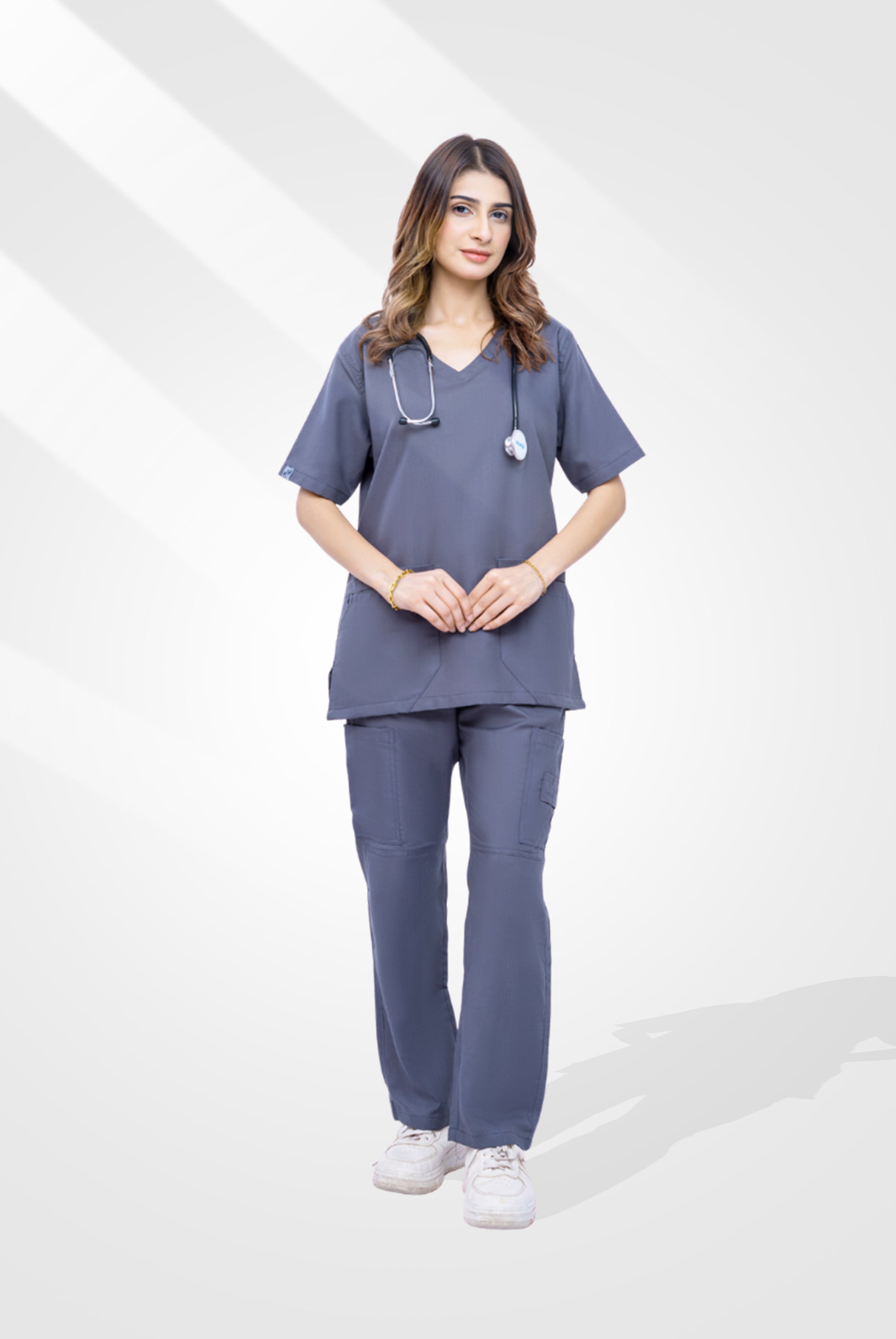 Classic Curve™ ash grey scrub for women by Gtex Apparels in Pakistan designed for practical healthcare work environments 1