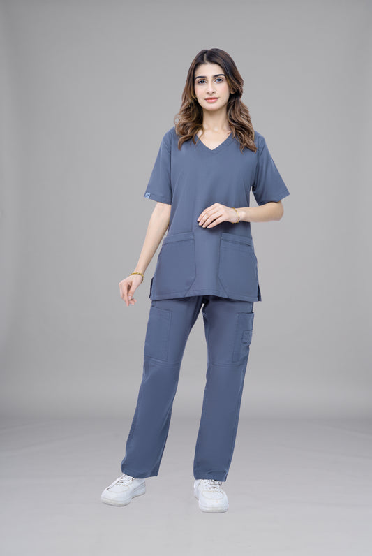 Classic Curve™ ash grey scrub for women by Gtex Apparels in Pakistan designed for practical healthcare work environments 1