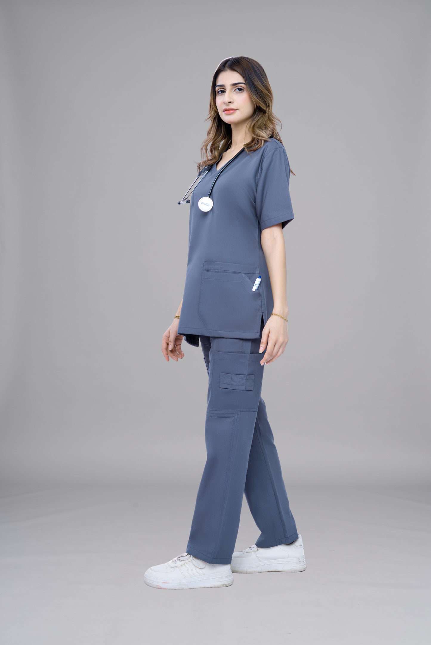 Classic Curve™ ash grey scrub for women by Gtex Apparels in Pakistan designed for practical healthcare work environments 2