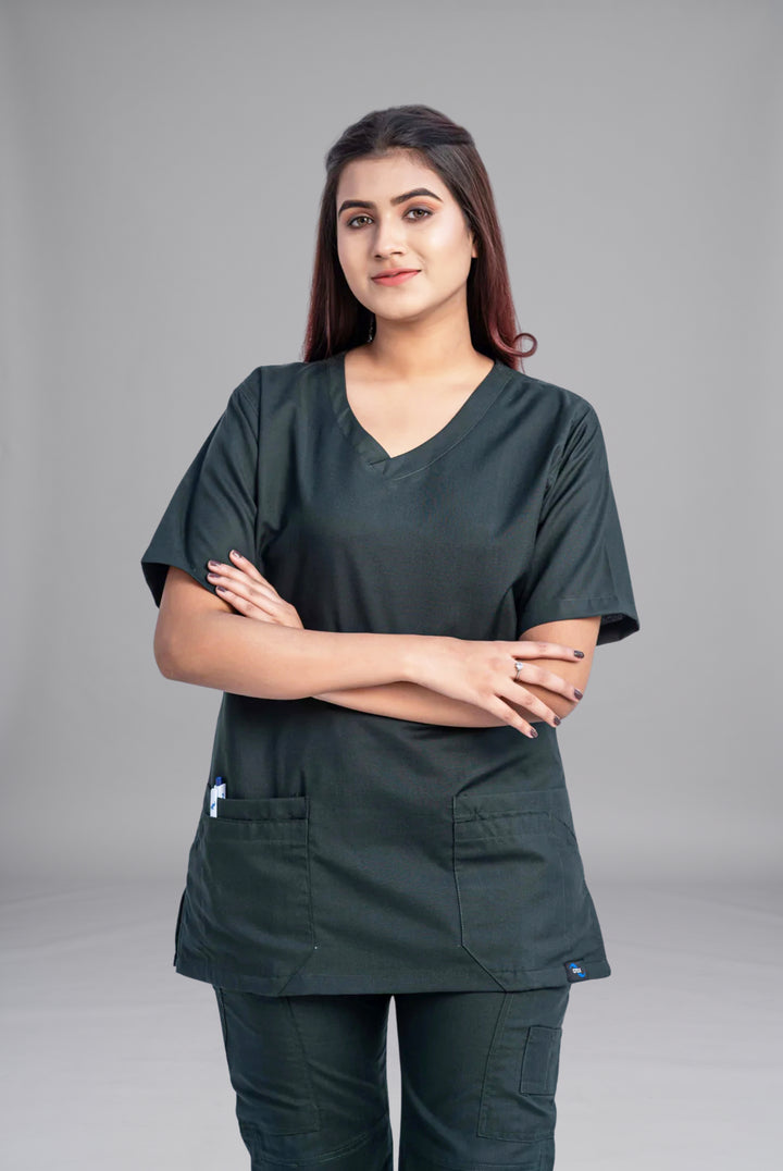 Buy Classic Curve™ bottle green scrub for women in Pakistan by Gtex Apparels, designed for comfortable daily professional use in healthcare environments  2