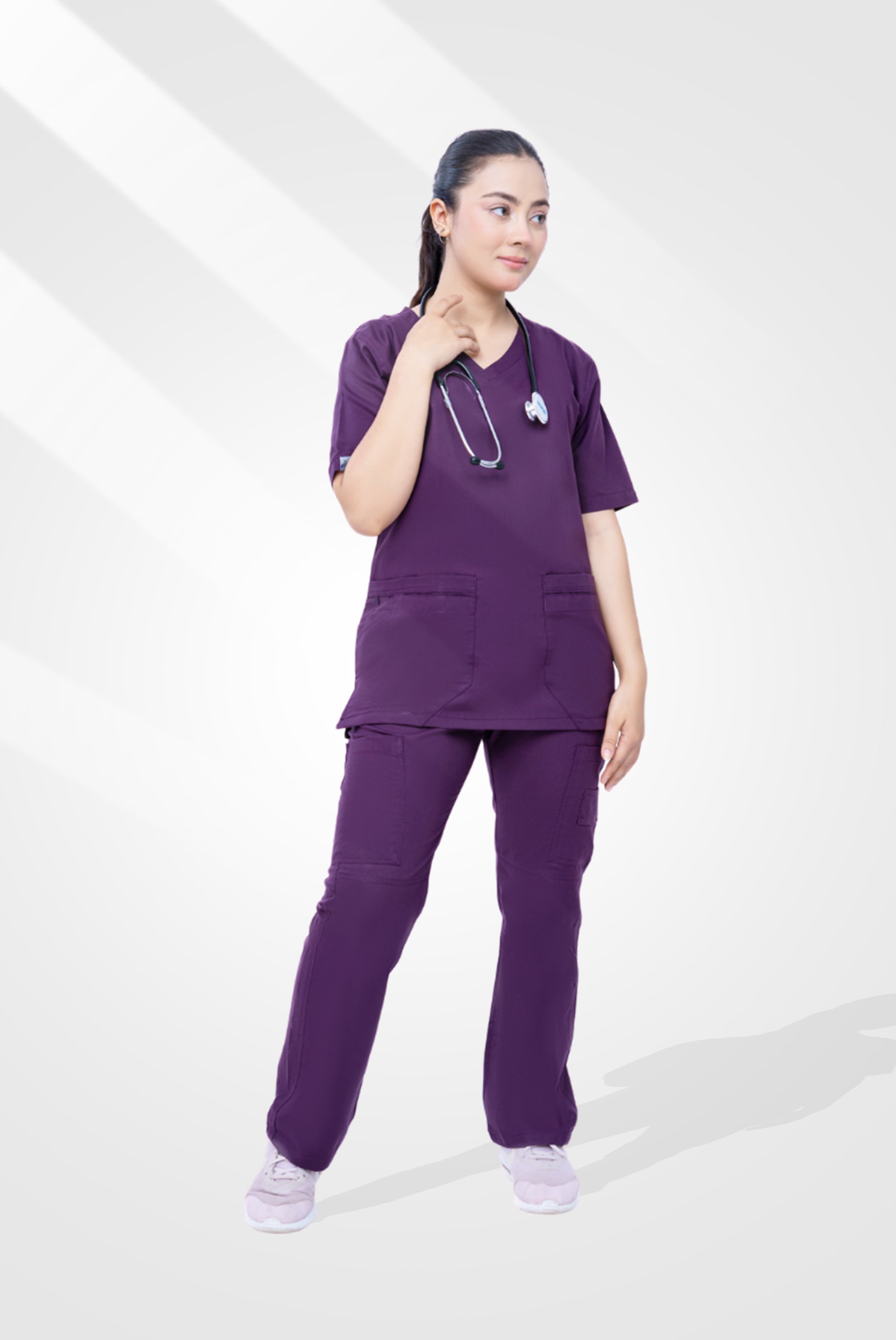 Buy Classic Curve purple scrubs for women in Pakistan by Gtex Apparels, comfortable workwear for daily use 2