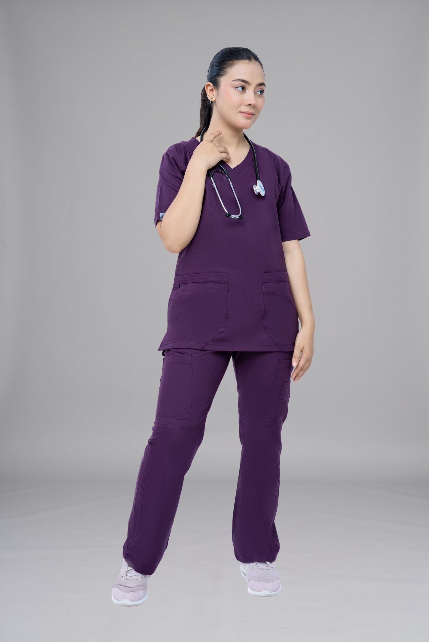Buy Classic Curve purple scrubs for women in Pakistan by Gtex Apparels comfortable workwear for daily use 3