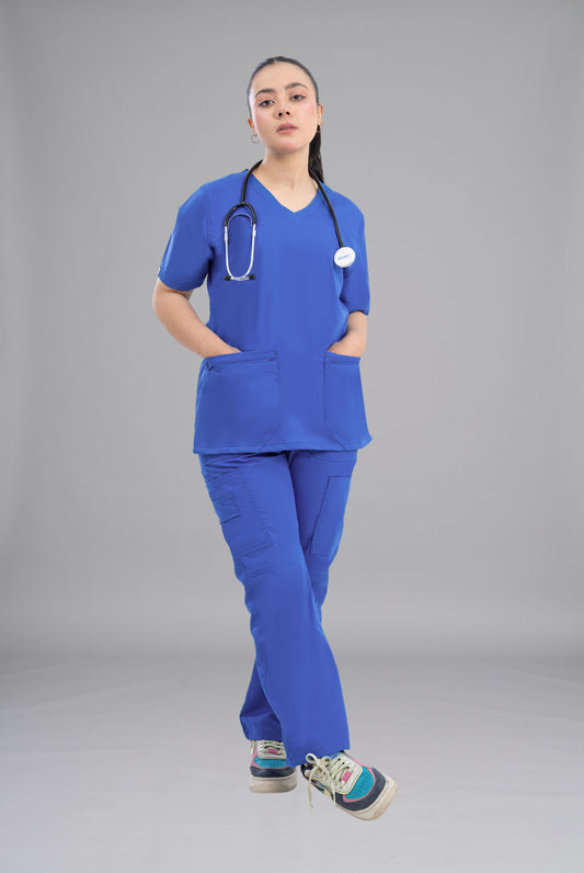 Buy Classic Curve royal blue scrub for women in Pakistan by Gtex Apparels, designed for comfortable daily professional use in healthcare environments 1