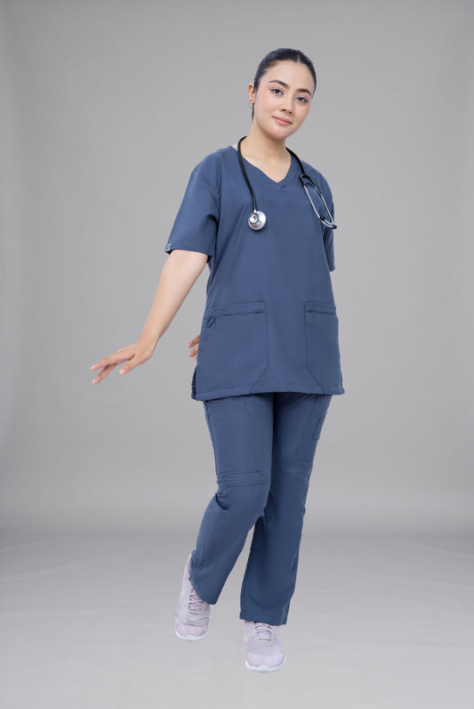 Buy Classic Curve™ steel grey scrub for women by Gtex Apparels in Pakistan, designed for practical healthcare work environments 1