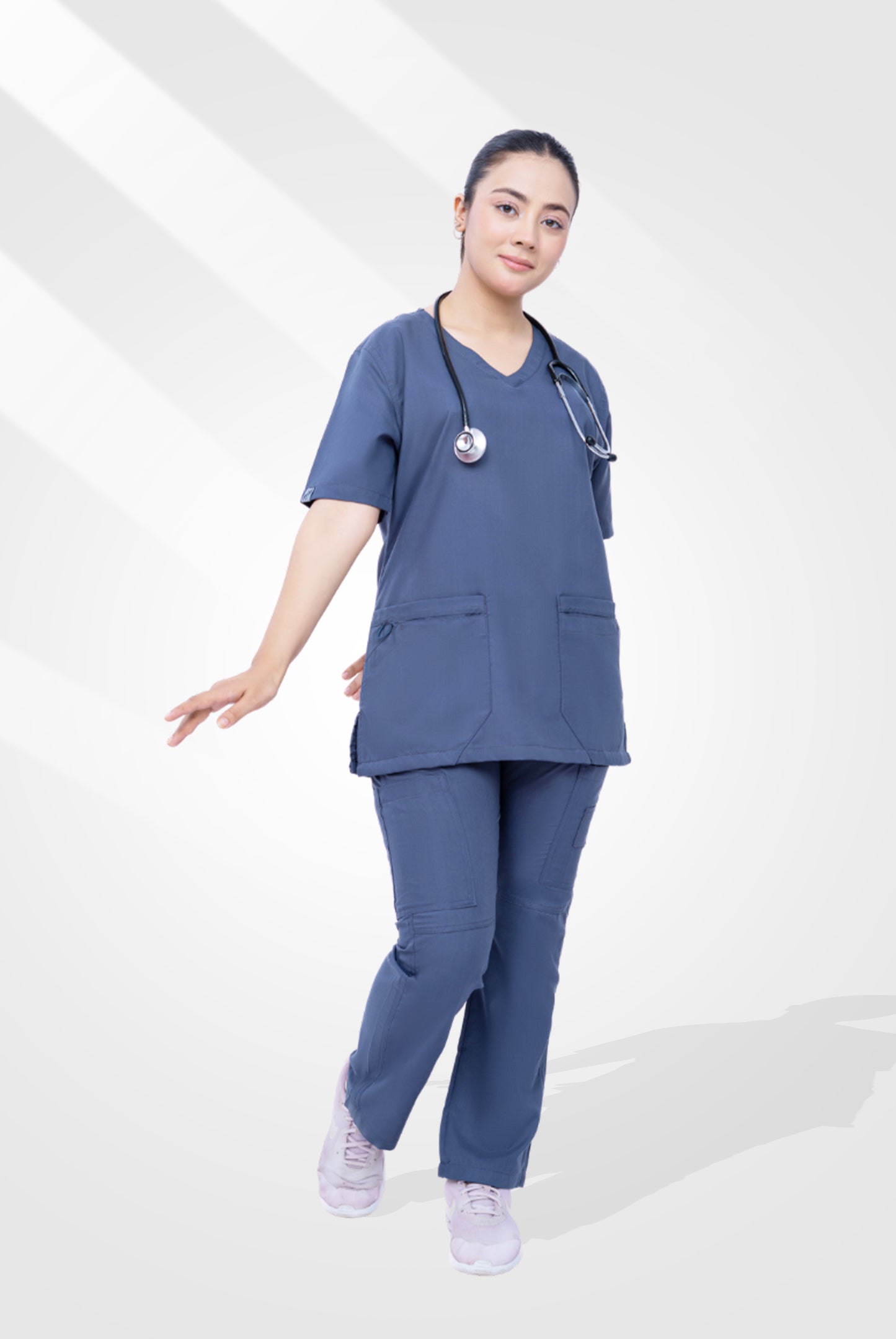 Buy Classic Curve™ steel grey scrub for women by Gtex Apparels in Pakistan, designed for practical healthcare work environments 1