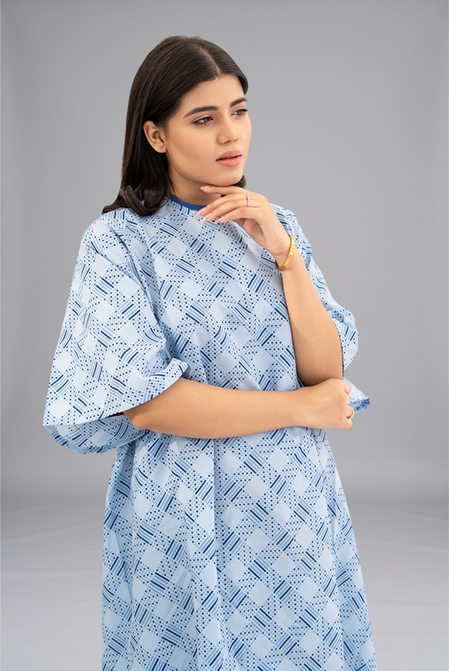 Comfort Care Printed Patient Gown by GTEX Apparels Pakistan featuring soft, breathable fabric, comfortable fitting, and durable construction for patient comfort in hospitals, clinics, and healthcare facilities. 1