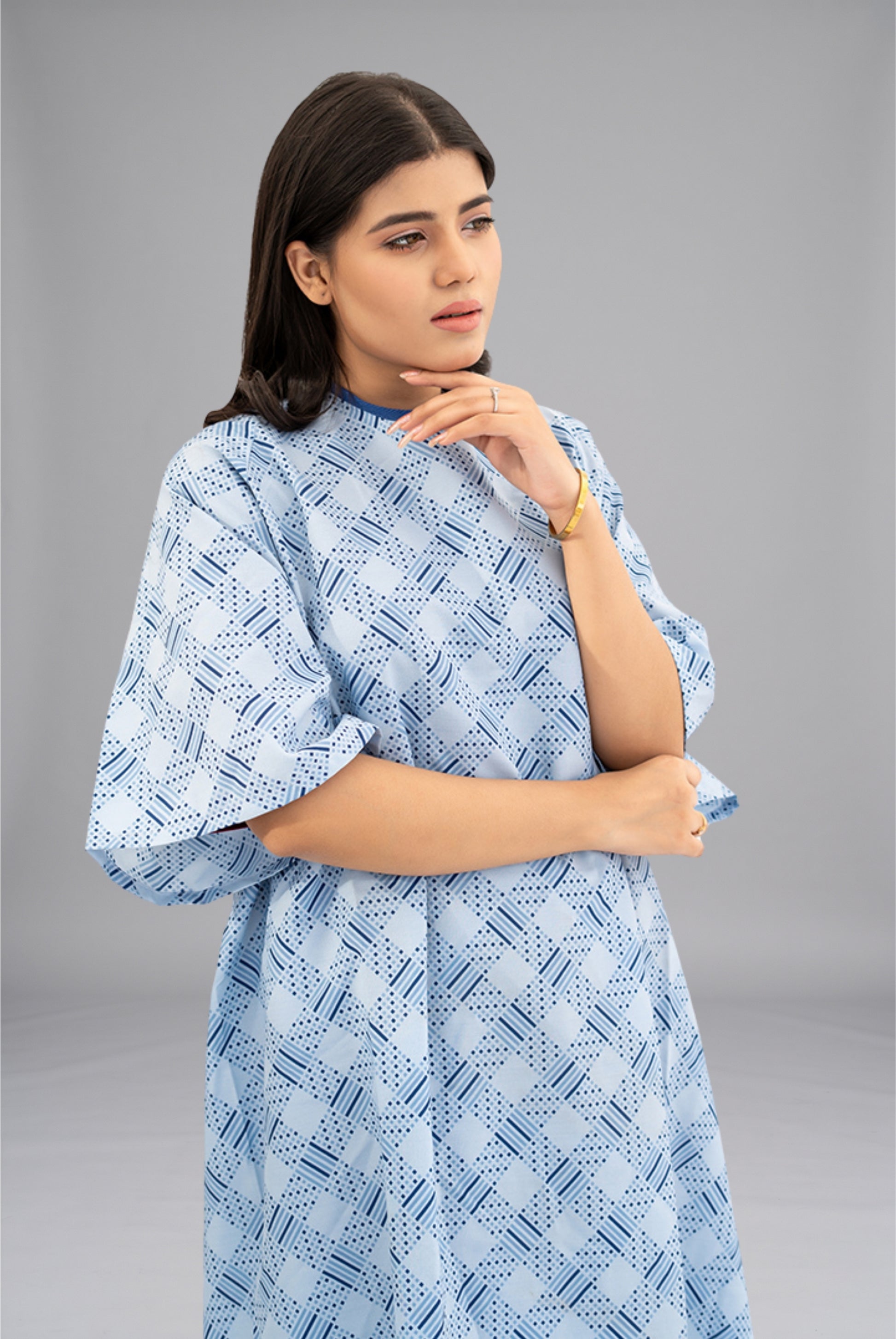 Comfort Care Printed Patient Gown by GTEX Apparels Pakistan featuring soft, breathable fabric, comfortable fitting, and durable construction for patient comfort in hospitals, clinics, and healthcare facilities. 1