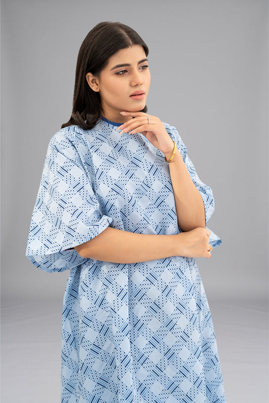 Comfort Care Printed Patient Gown by GTEX Apparels Pakistan featuring soft, breathable fabric, comfortable fitting, and durable construction for patient comfort in hospitals, clinics, and healthcare facilities. 1