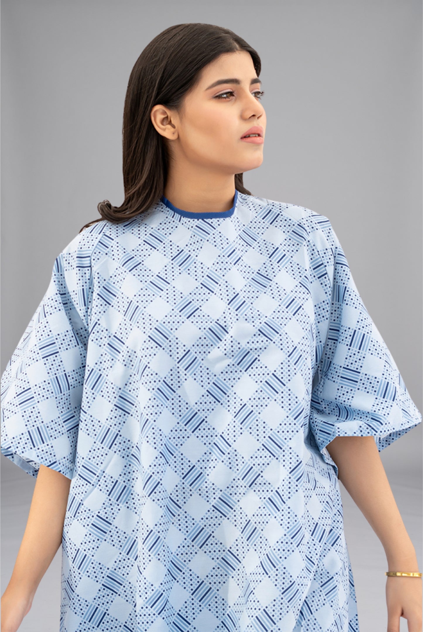 Comfort Care Printed Patient Gown by GTEX Apparels Pakistan featuring soft, breathable fabric, comfortable fitting, and durable construction for patient comfort in hospitals, clinics, and healthcare facilities. 2