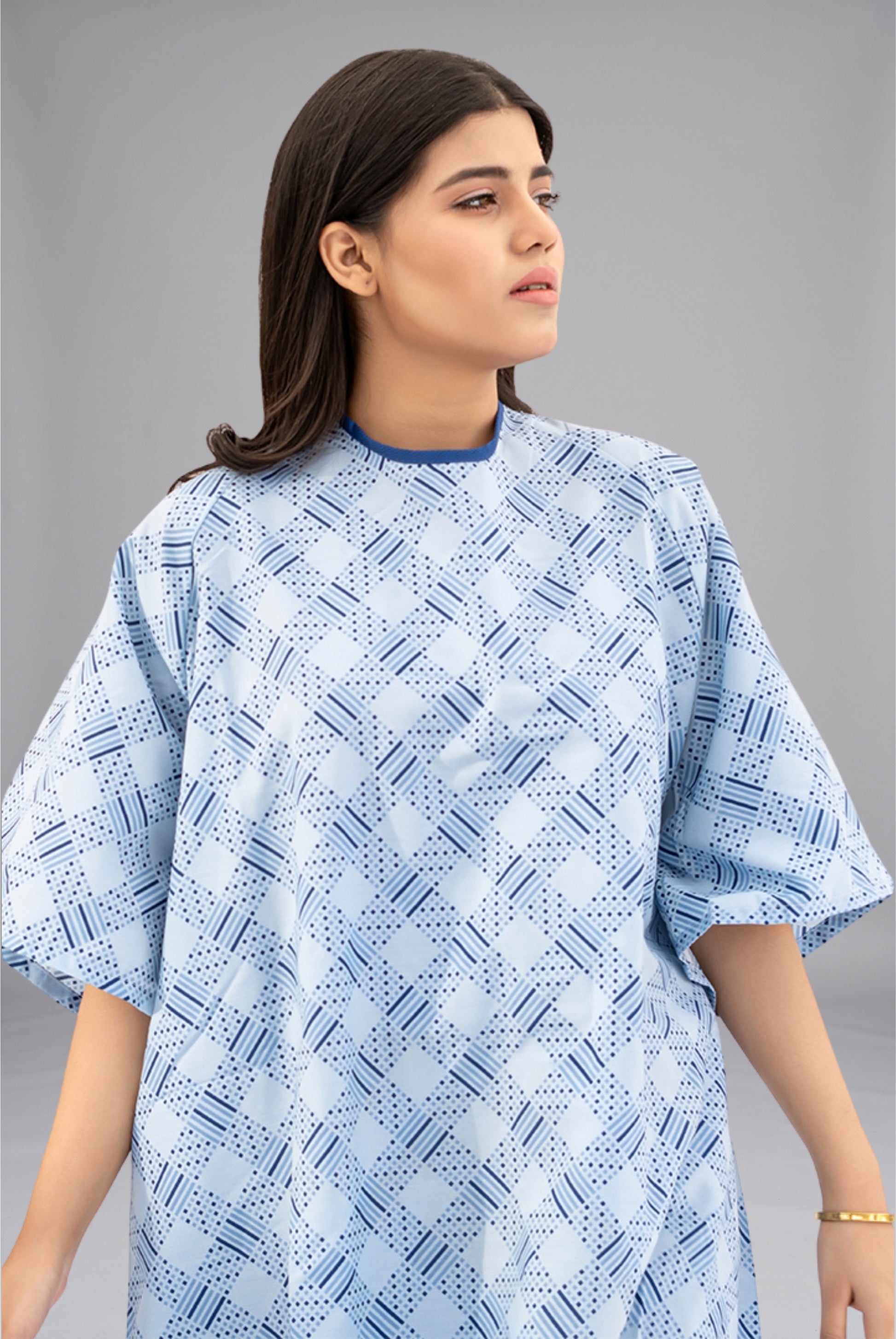 Comfort Care Printed Patient Gown by GTEX Apparels Pakistan featuring soft, breathable fabric, comfortable fitting, and durable construction for patient comfort in hospitals, clinics, and healthcare facilities. 2
