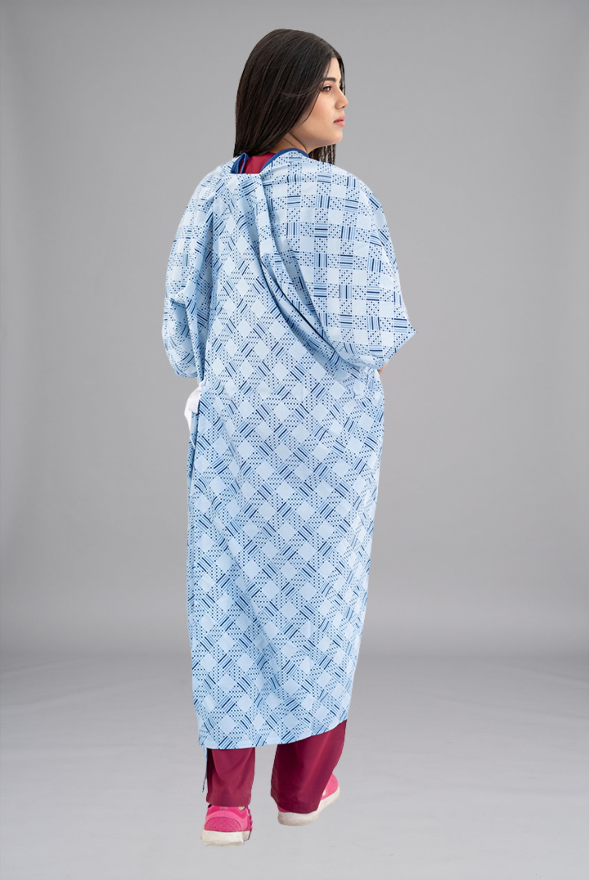 Comfort Care Printed Patient Gown by GTEX Apparels Pakistan featuring soft, breathable fabric, comfortable fitting, and durable construction for patient comfort in hospitals, clinics, and healthcare facilities. 3