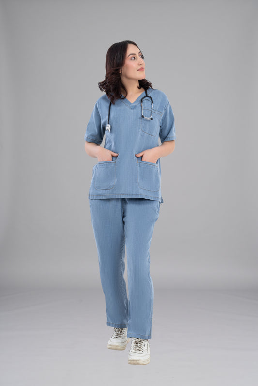 Buy denim light scrub for unisex in Pakistan by Gtex Apparels comfortable workwear for daily use 1