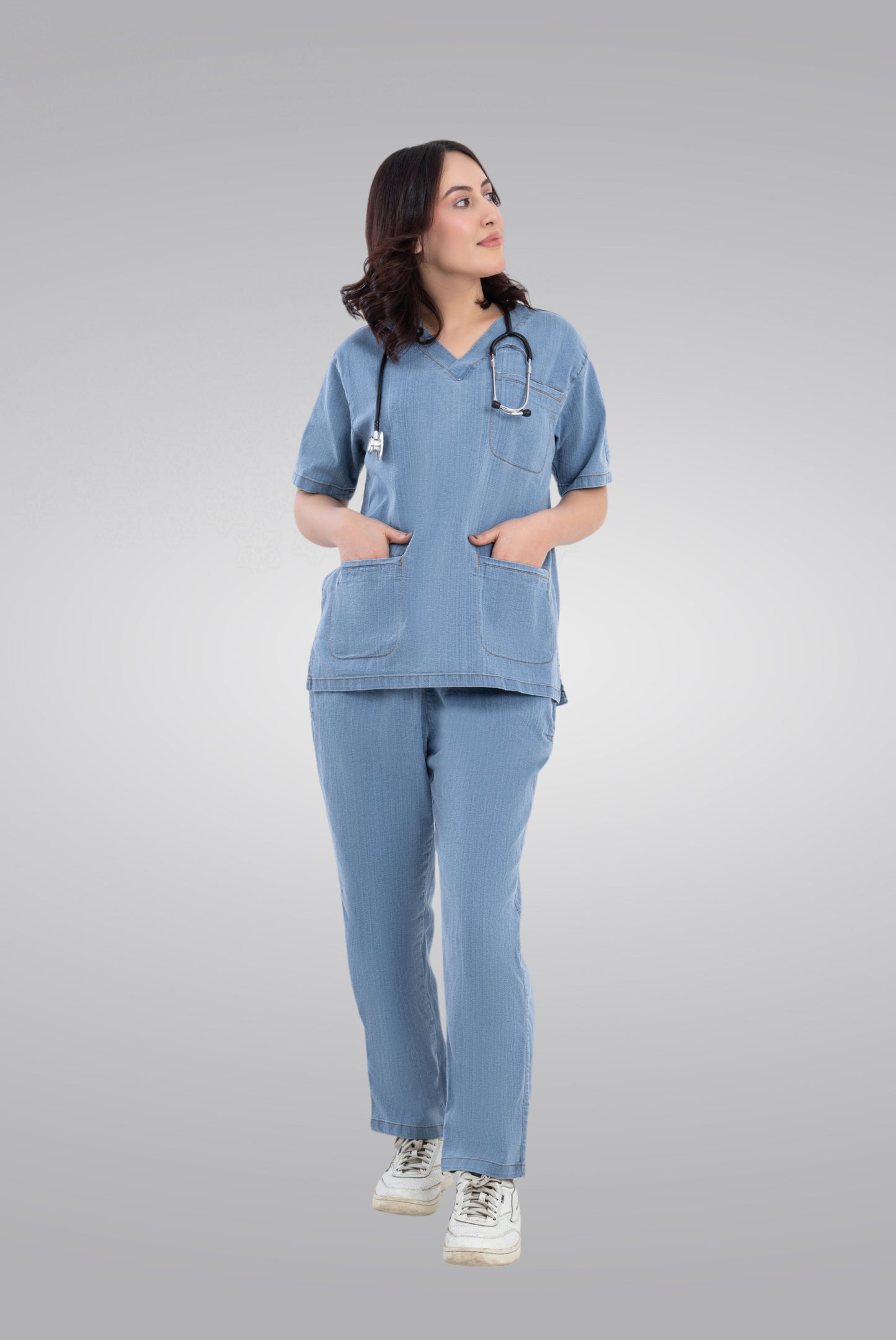 Buy denim light scrub for unisex in Pakistan by Gtex Apparels, comfortable workwear for daily use 4