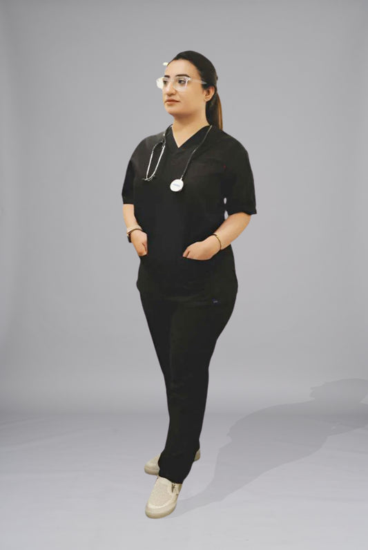 Edge Line™ black scrub for unisex by Gtex Apparels in Pakistan designed for practical healthcare work environments 1