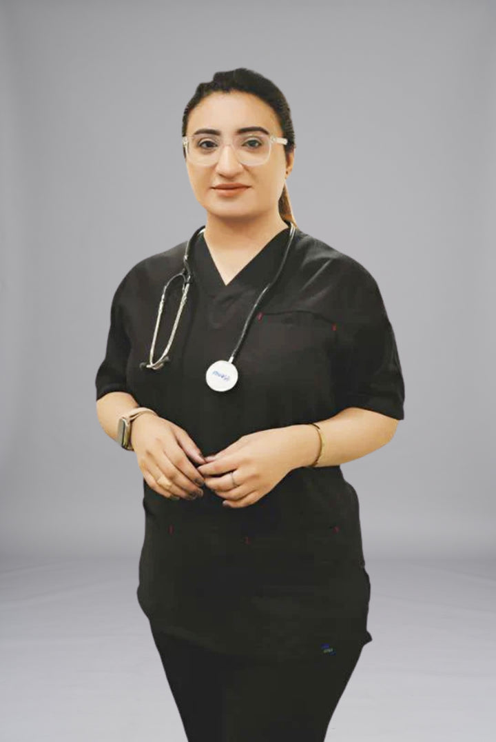 Edge Line™ black scrub for unisex by Gtex Apparels in Pakistan, designed for practical healthcare work environments 2