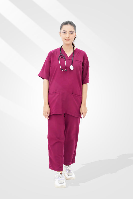 Edge Line™ Bright maroon Scrub Suit for Women by GTEX Apparels Pakistan