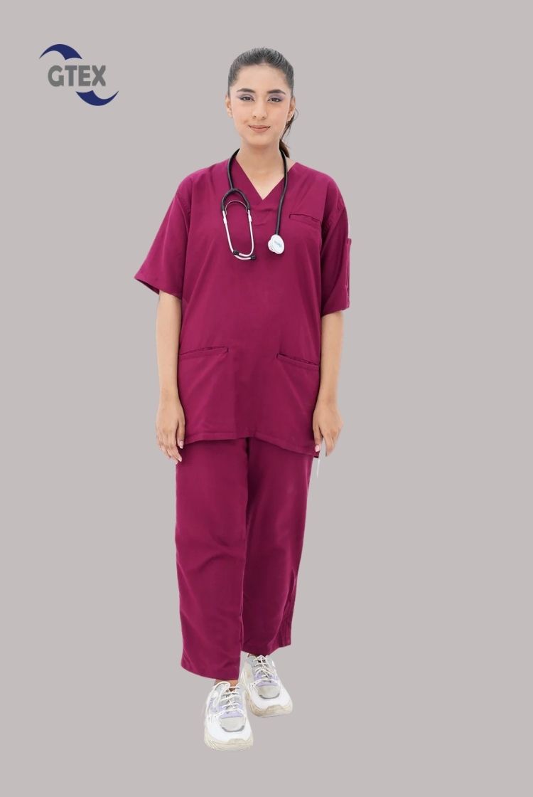 Edge Line™ Bright maroon Scrub Suit for Women by GTEX Apparels Pakistan