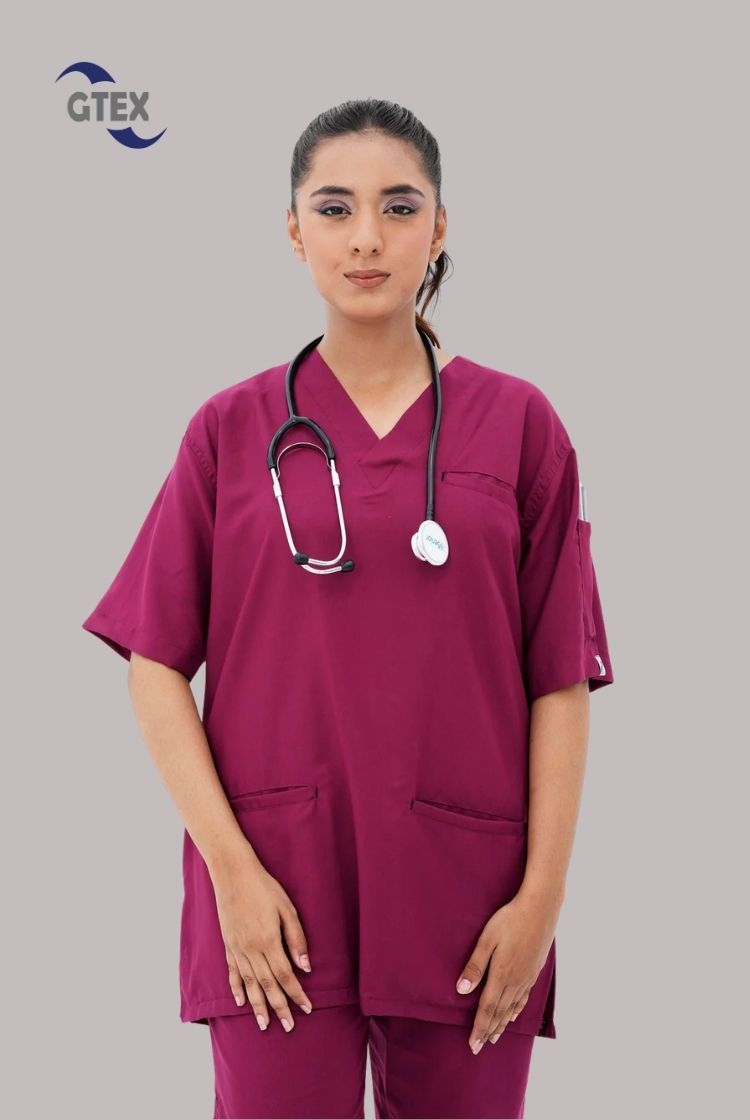 Edge Line™ Bright maroon Scrub Suit for Women by GTEX Apparels Pakistan