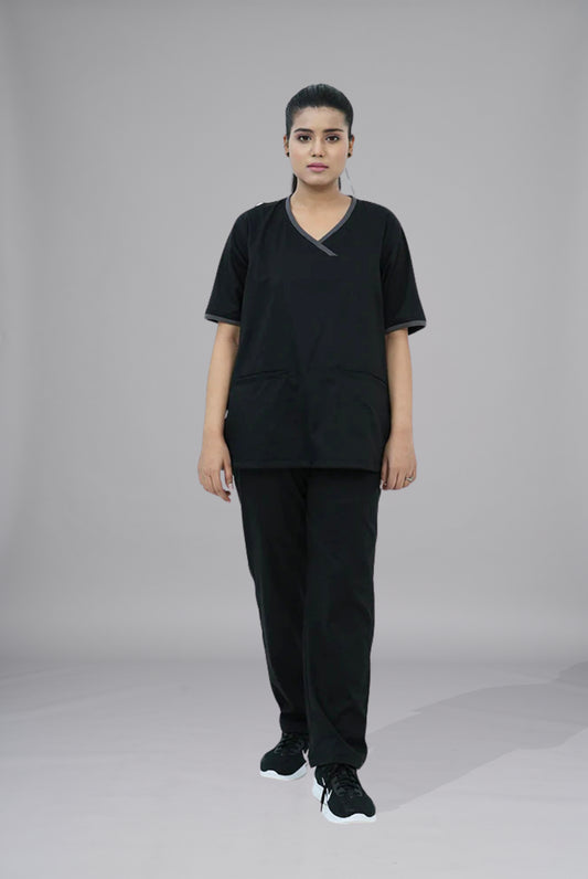 Buy Elite Notch black scrub in Pakistan by Gtex Apparels suitable for healthcare professionals requiring durable everyday workwear  1