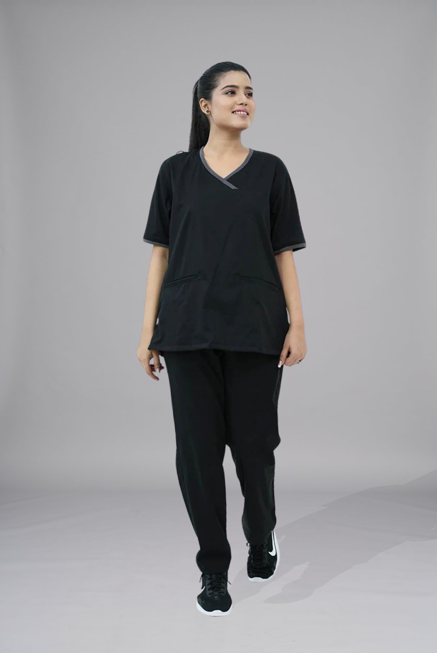 Buy Elite Notch black scrub in Pakistan by Gtex Apparels suitable for healthcare professionals requiring durable everyday workwear  4