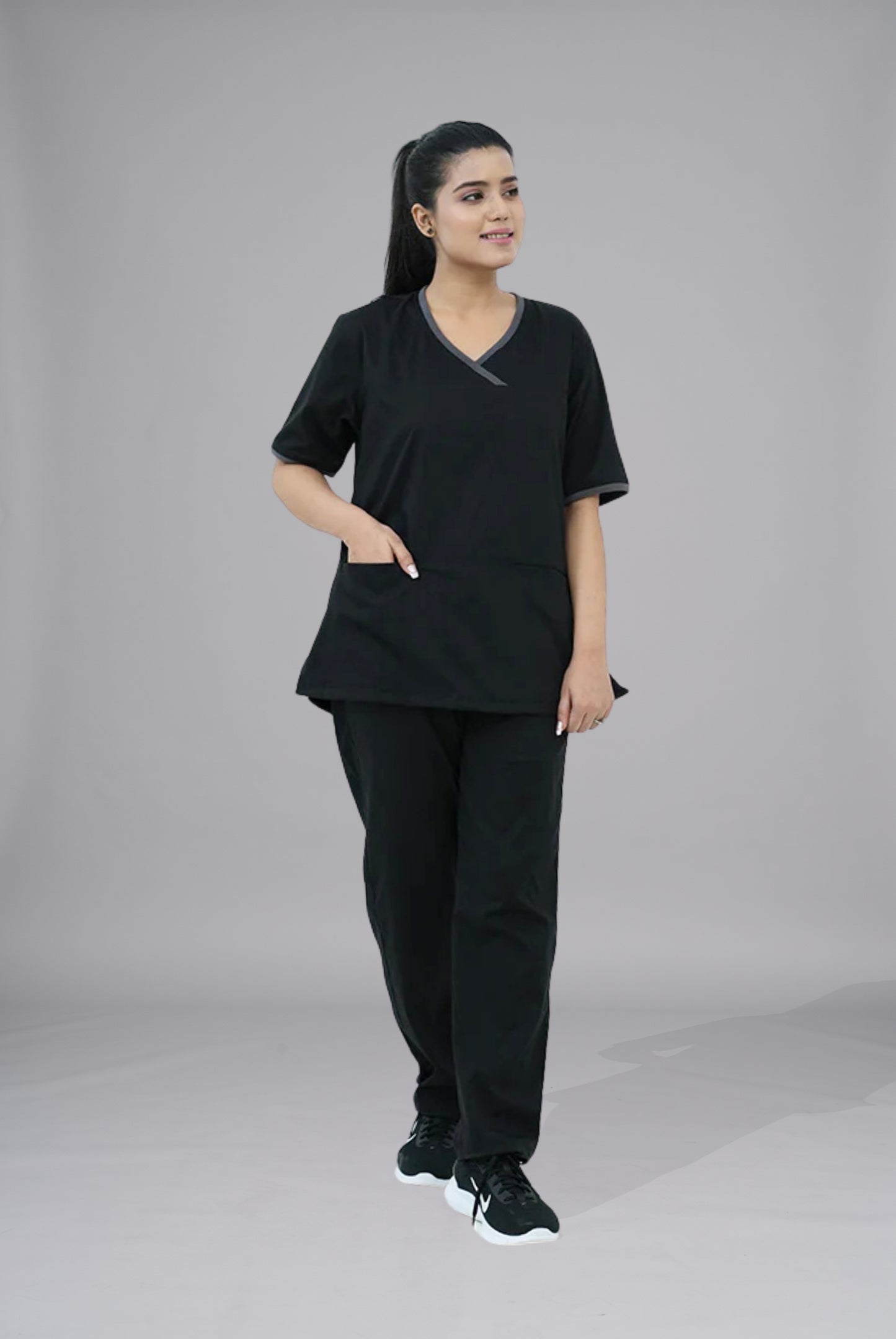 Buy Elite Notch black scrub in Pakistan by Gtex Apparels suitable for healthcare professionals requiring durable everyday workwear  6