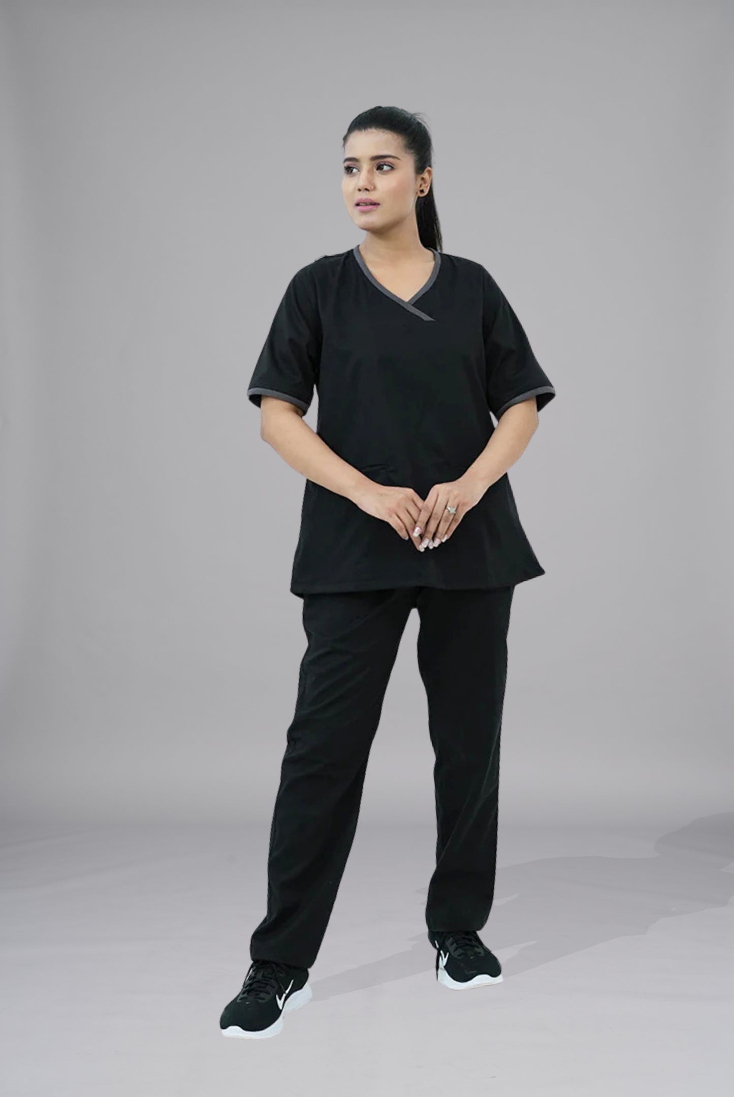 Buy Elite Notch black scrub in Pakistan by Gtex Apparels suitable for healthcare professionals requiring durable everyday workwear  7