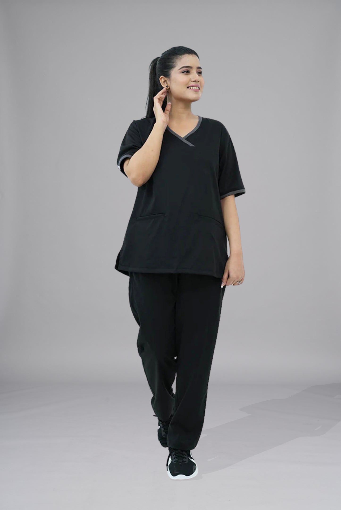 Buy Elite Notch black scrub in Pakistan by Gtex Apparels suitable for healthcare professionals requiring durable everyday workwear  5